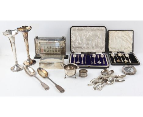 Two Victorian silver table spoons, various silver tea spoons, forks and tongs, cased set of six tea spoons and sugar tongs, S