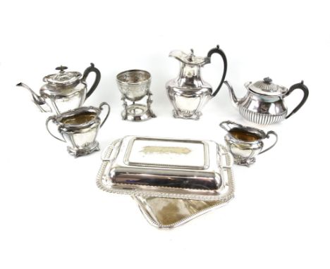 Collection of silver plated wares to include entree dish and cover(2), four piece silver plated tea service in Art Nouveau de