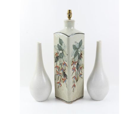 Pair of Poole Pottery mottled grey bottle vases, and a pottery lamp base decorated with flowers,