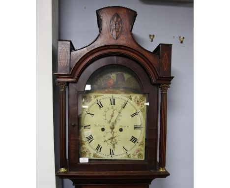 Early 19th century inlaid mahogany eight day longcase clock, the arch painted with a maiden and a ship over floral spandrels 