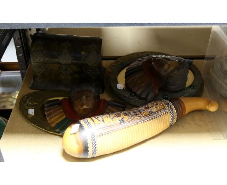 Arts & Crafts style mirror, two carved wooden wall figures, a 19th century dome top tea caddy and other items