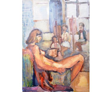 Dorian Levine (British 20th Century) An abstract oil on board portrait painting study of a female nude by the artist Dorian L