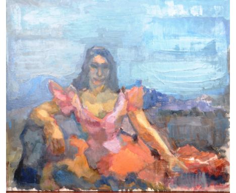 Dorian Levine (British 20th Century) An abstract oil on board portrait painting study of a seated lady in dress by the artist