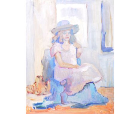 Dorian Levine (British 20th Century) An abstract oil on board portrait painting study of a seated young lady by the artist Do