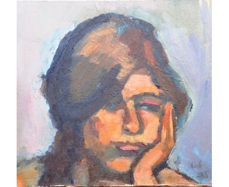 Dorian Levine (British 20th Century) An abstract oil on board portrait painting study of a young lady by the artist Dorian Le