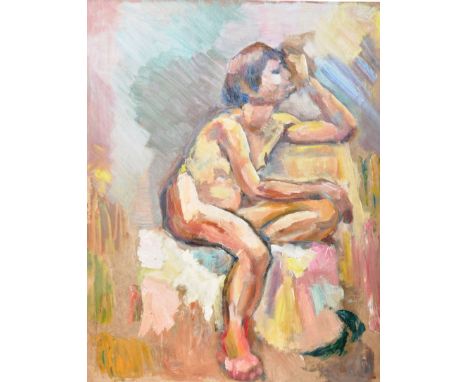 Dorian Levine (British 20th Century) An abstract oil on board portrait painting study of a female seated nude lady by the art
