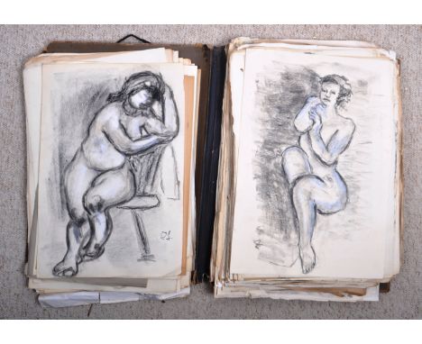 Dorian Levine (British 20th Century) A&nbsp; very large folio collection of unframed charcoal studies paintings of female nud