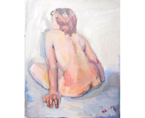 Dorian Levine (British 20th Century) An abstract oil on board portrait painting study of a female seated nude lady by the art
