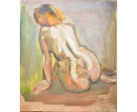 Dorian Levine (British 20th Century) An abstract oil on board portrait painting study of a female nude seated lady by the art