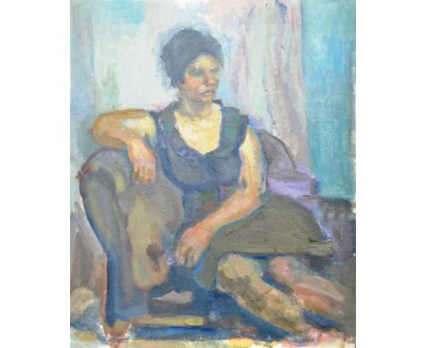 Dorian Levine (British 20th Century) An abstract oil on board portrait painting study of a seated lady by the artist Dorian L