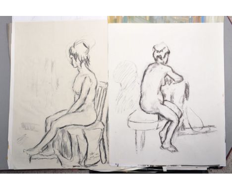 Dorian Levine (British 20th Century) A folio collection of large paper unframed charcoal studies paintings of female nudes an