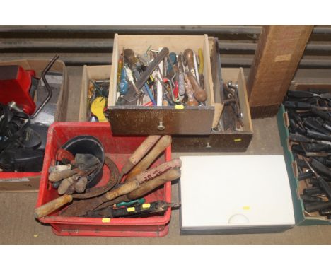 A large quantity of various tools to include screwdrivers, wrench, hand trowels, garden shears, files etc.