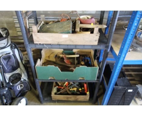 Three trays containing various tools including sanding paper, hinges, screwdrivers, brushes and mallets etc 