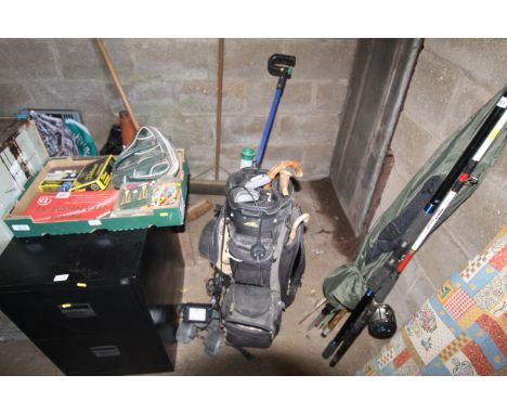 A folding electric golf trolley, a Power Caddy golf bag, golf ball collector, pitching wedge, putter and two walking sticks