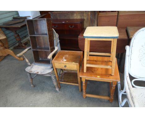 A stick and wheelback elbow chair, an open fronted bookcase and oak bedside table fitted single drawer, a pine occasional tab