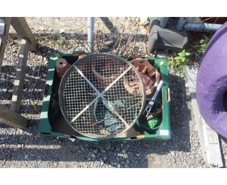 A metal garden sieve, a quantity of various terracotta plant pots, wrought metal wall bracket, dustpan etc.
