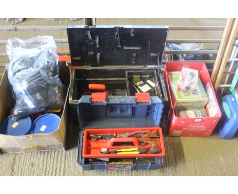 A plastic tool box and contents of tools to include screwdrivers, hammer, pliers and a further wooden and metal bound tool ch