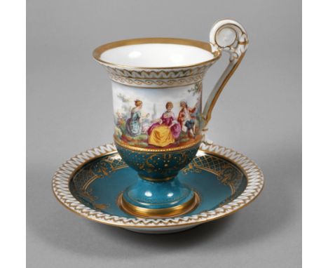 Fürstenberg Sammeltasse mit Watteaumalerei unterglasurblaue Jubiläumsmarken 1747-1922, Pinselnummer M.21, Tasse in Glockenfor