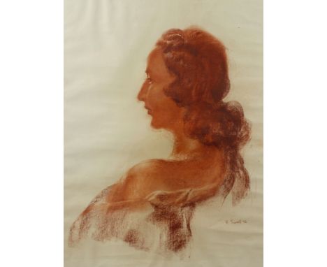 Reinhold Ewald, DamenportraitPortrait im Profil einer Frau mit langem Haar und freier Schulter, Rötel, partiell gewischt, rec