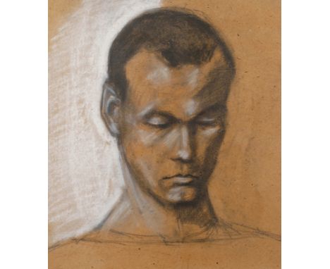 SinnenderPortrait eines jungen Mannes mit nach unten gerichtetem Blick, Graphit und Kreide auf gelbem groben Papier, um 2000,