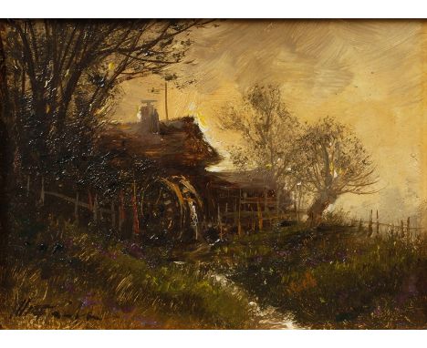 Manfred Feiler, An der WassermühleBlick auf eine einsame, von Bäumen umgebene Mühle, unter hellem lichten Himmel, pastose Mal