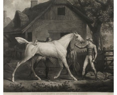 Carle Vernet, Nach dem ReitenStallbursche beim Abtrocknen eines Schimmels, währenddessen der Reiter ihn hält, unter der Darst