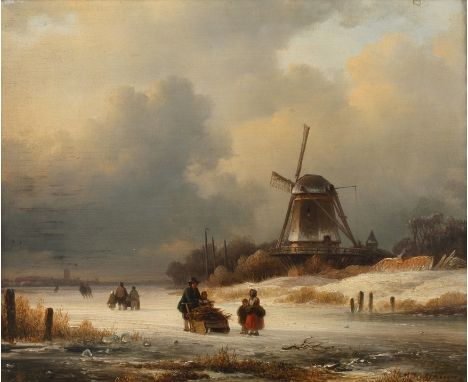 Lodewijk Johannes Kleyn, Holländische Winterlandschaftverschneite niederländische Küstenlandschaft, mit Windmühle und Spazier