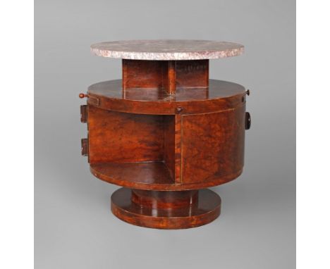 Trommeltisch Art décoFrankreich, 1930er Jahre, in Vogelaugenahorn furniert, zylindrischer Tisch mit rot geäderter Marmorplatt