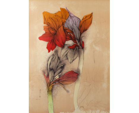 Bruno Bruni, Amaryllis prachtvoll blühende Amaryllis vor hellem Grund, Farblithographie, Ende 20. Jh., rechts unten in Blei s