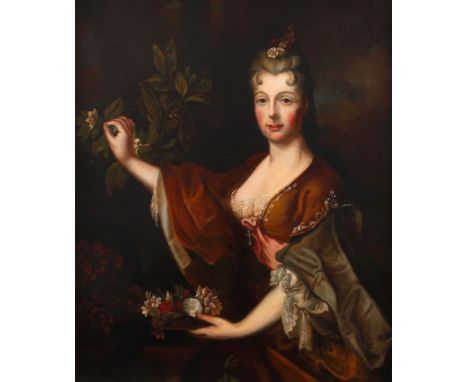 Maximilian Vollert, DamenbildnisPortrait einer edel und elegant gekleideten Dame beim Blumenpflücken, den Betrachter anblicke