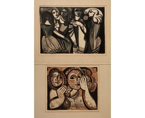 Gabriele Meyer-Dennewitz, "Zu Carmina Burana"zwei Blatt, jeweils mehrfigürliche Darstellungen, Farblinolschnitte, unter der D