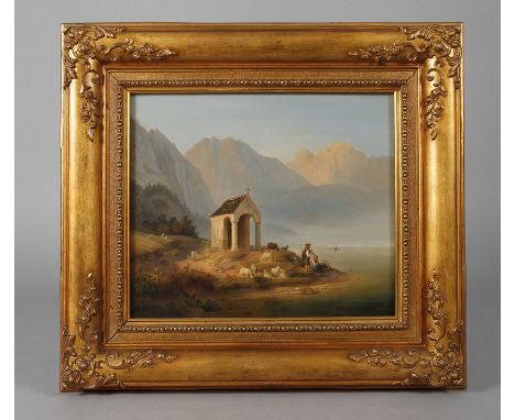 Sold at Auction: LANDSCAPE ON LEATHER - Painting in with gold