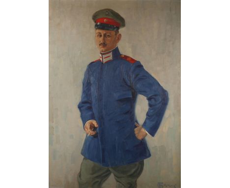 Ernst Dorn, OffiziersbildHalbfigurenbildnis eines jungen Mannes, mit Zigarette in blauer Uniform, flott mit gering pastosem, 