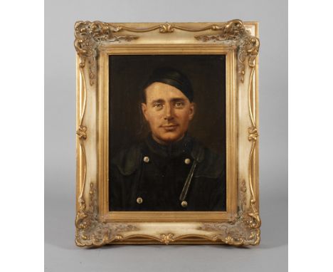 W. Büppelmann, Portrait eines Schornsteinfegersfreundlich den Betrachter anblickender Schornsteinfeger in Arbeitskleidung, vo
