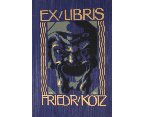 Friedrich Kotz, Entwurf Eigenexlibrismittig den Betrachter anblickendes Portrait flankiert von Wellendekor, oberhalb Schriftz