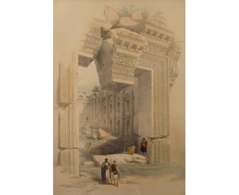 Louis Haghe, Tempelanlage in BaalbekBlick in das Innere einer monumentalen ruinösen Tempelanlage in Baalbek im Libanon mit Fi