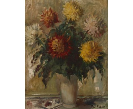 Paul Kusche, Dahlienstilllebenfarbenfroher Blumenstrauß in hoher Porzellanvase, pastose Malerei mit breitem Pinselduktus, Öl 