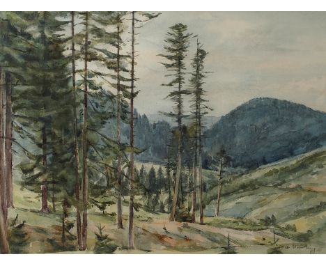 Max Nehrling, Im Thüringer WaldBlick vom Waldrand mit einzelnen hohen Tannen auf bewaldete Hügel, Aquarell über Graphit, rech