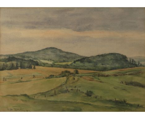 Max Nehrling, Föhlritz in der RhönBlick über Wiesen und Felder auf sanfte Hügel, unter locker bewölktem Himmel, Aquarell, lin