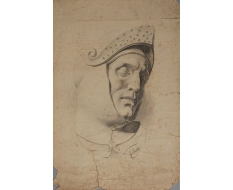 F. Stuck, RitterkopfPortrait eines Mannes mit geschlossenen Augen und Helm, dieser mit nach oben geklappten Visier, Bleistift