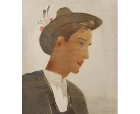 Hans Ott, Sarner BauerPortrait eines jungen Bauern in Tracht, vor hellem Grund, Farbholzschnitt auf Japanpapier und auf leich