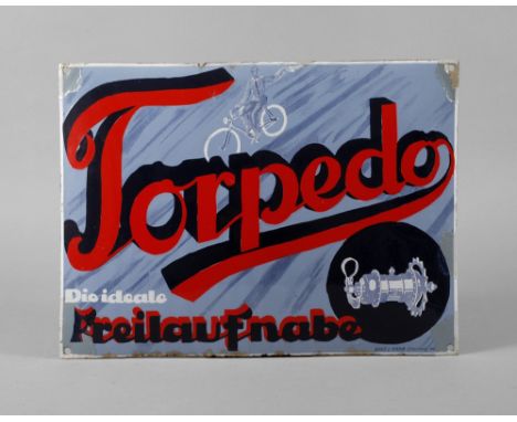 Emailleschild Torpedoum 1910, Herstellervermerk Boos &amp;amp; Hahn Ortenberg Baden, langrechteckiges, gewölbtes Schild, mehr