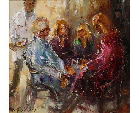 Manfred Feiler, Im CaféGruppe von an einem Tisch sitzenden Frauen und Bedienung im Hintergrund, pastose Malerei in teils leuc