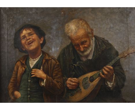 Arturo Petrocelli, attr., StraßenmusikantenVagabundenduo aus singendem Knaben und altem Mandolinenspieler, vor grauem Grund m