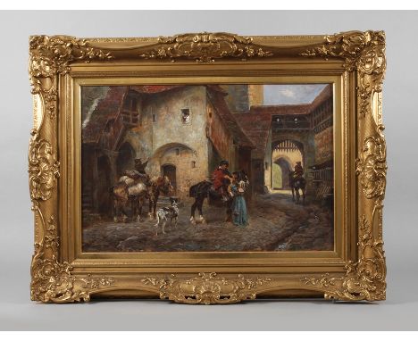 Prof. Anton Hoffmann, Abschied der LandsknechteLandsknechte zu Pferd im Burghof, sich von ihren Familien verabschiedend, hier