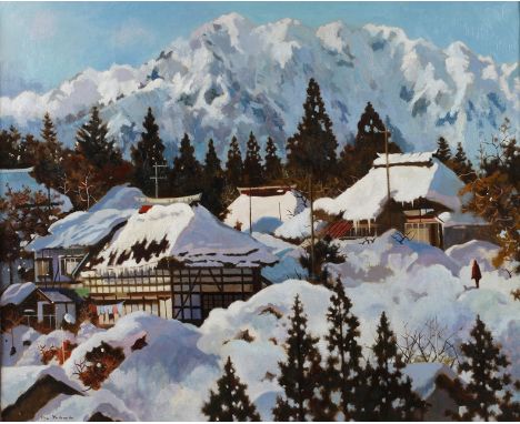 Masayoshi Kawa, "Nagano"lichtdurchflutete Winterlandschaft mit verschneiten Häusern, vor imposanter Bergkulisse, leicht pasto