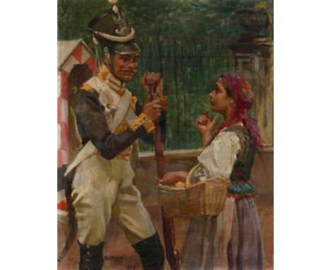 Wojciech Kossak, attr., Husar und Mädchenfescher junger Soldat vorm Wachhäuschen, mit einem Bauernmädchen flirtend, fein mit 