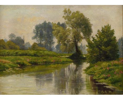 Ferdinand Max Anders, attr., Flusslandschaftstimmungsvoller Blick über einen gemächlich dahinfließenden Fluss mit bewachsener