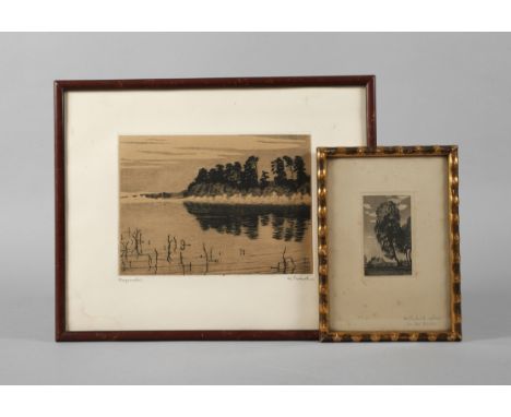 Moritz Pretzsch, Zwei Radierungendabei "Morgennebel", See in märkischer Landschaft, Radierung mit Tonplatte, um 1910, rechts 