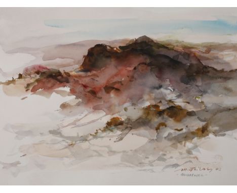 Manfred Feiler, "Mallorca"abstrahierte Landschaftsdarstellung in warmer, erdiger Farbigkeit, Aquarell, rechts unten signiert 